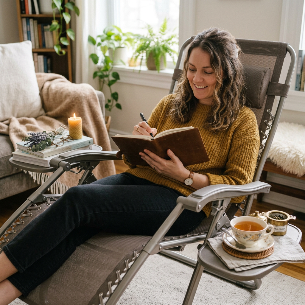 Woman journaling at a table with tea, books, candle, and plants